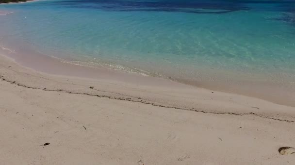 サンゴ礁の近くに青い海と白い砂浜の背景によって完璧な海岸のビーチ休暇のロマンチックな空 — ストック動画