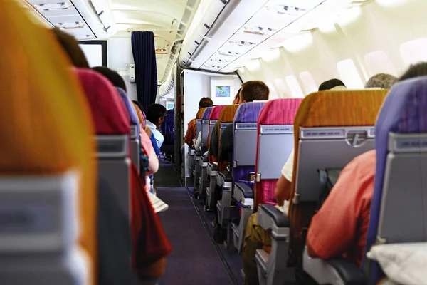 The passenger cabin of the aircraft. The rows of seats.