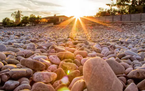 Taş Plajı. Büyük ve küçük yumuşak taşlar. Gün batımında güneş.