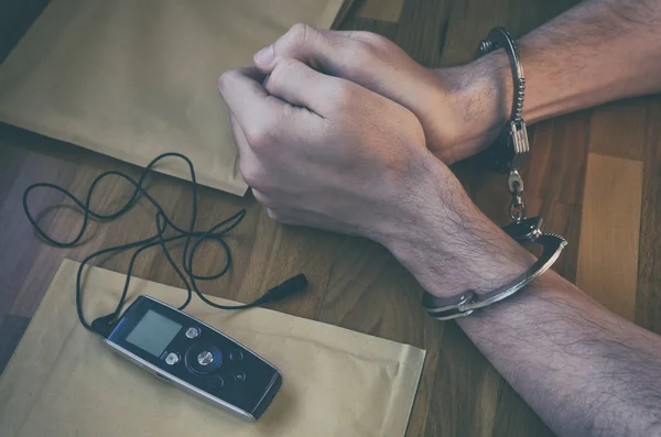 Arrested Man Close Male Hands Handcuffs Placed Police Station Table — Stock Photo, Image