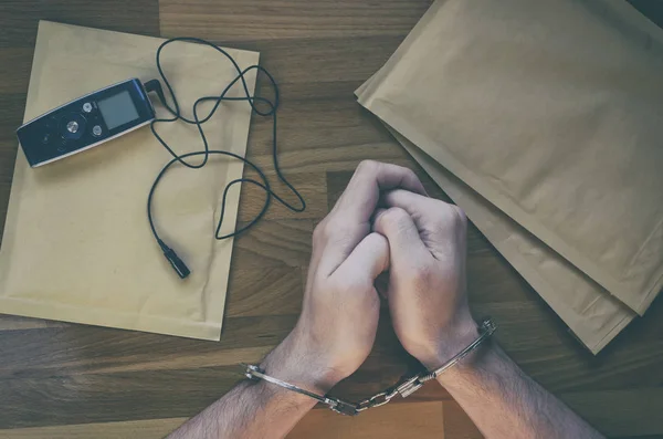 Arrested Man Close Male Hands Handcuffs Placed Police Station Table — Stock Photo, Image