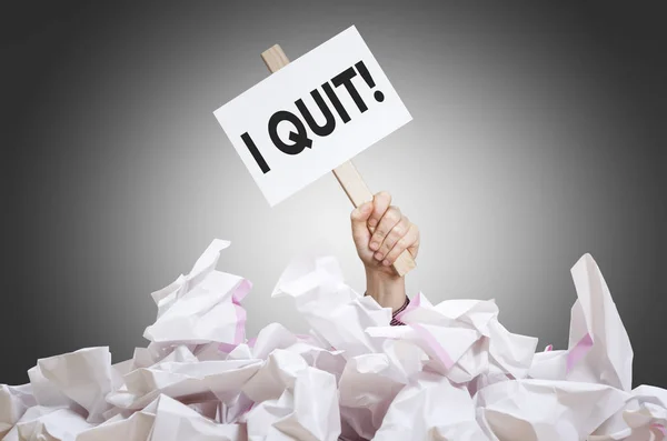 Quit Placard Hand Crumpled Paper Pile — Stock Photo, Image