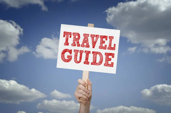 Travel Guide Message Board Hand Sky Background — Stock Photo, Image