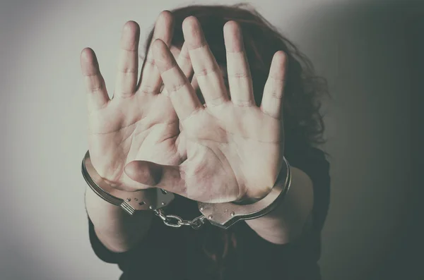 Woman Handcuffs Hiding Face Her Hands — Stock Photo, Image