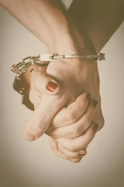 Man Woman Hands Handcuffed Together — Stock Photo, Image