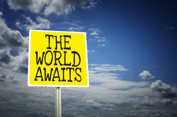 World Awaits Road Sign Blue Sky Background — Stock Photo, Image