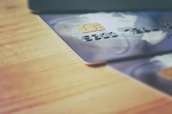 Kreditkort Som Närbild För Bakgrund Selektivt Fokus — Stockfoto