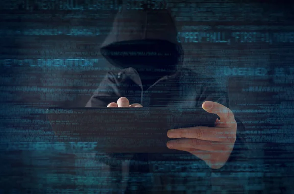 Hacker Bei Der Arbeit Mit Grafischer Benutzeroberfläche Herum Cyber Sicherheitskonzept — Stockfoto