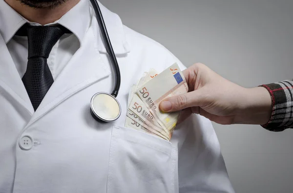 Medicine Doctor Receiving Large Amount Euro Banknotes Bribe Corruption Health — Stock Photo, Image
