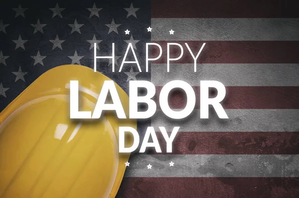 Happy Labor Day poster. USALabor Day celebration with American flag and yellow safety helmet.