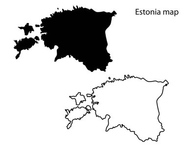 Estonya harita çizimi, Estonya haritası silüeti, Estonya ülke manzarası, Siyah ve beyaz Estonya haritası