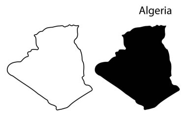 Cezayir harita haritası çizimi, Cezayir haritası silüeti, Cezayir ülke manzarası, Siyah ve beyaz Cezayir haritası