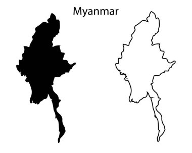 Basit Myanmar haritası siluet vektörü. Güneydoğu Asya 'daki Burma' nın temiz siyah çizgisi, bilgi, seyahat ve grafik tasarımı için mükemmel