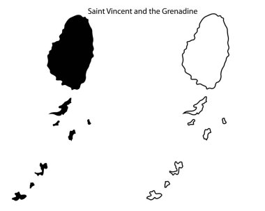 Basit Saint Vincent ve Grenadine haritası siluet vektörü. Temiz siyah ada ana hatları, Karayip temalı tasarımlar ve seyahat bilgileri için mükemmel
