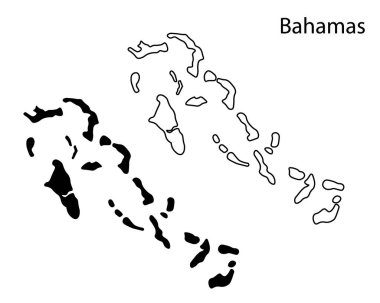 Basit Bahamalar haritası siluet vektörü. Karayip ada ülkesinin temiz siyah çizgisi, seyahat, tasarım ve bilgi projeleri için ideal