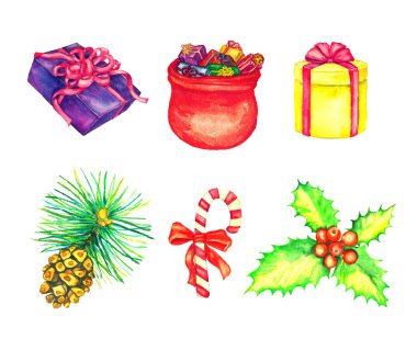 Hediye kutusu ve Noel Baba'nın çanta dolusu hediye, holly grup ile kırmızı meyveler ve çizgili şeker kamışı, beyaz suluboya illüstrasyon izole koni ile çam