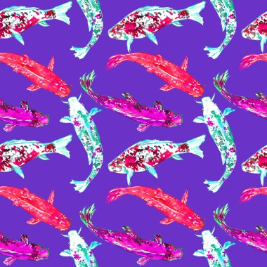 Koi sazan koleksiyonu gölette yüzüyor, elle boyanmış suluboya çizimler, kusursuz desenler. 