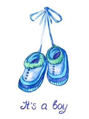 Mavi ayakkabılar dantele asılı, yazıtlarla izole edilmiş bir oğlan.