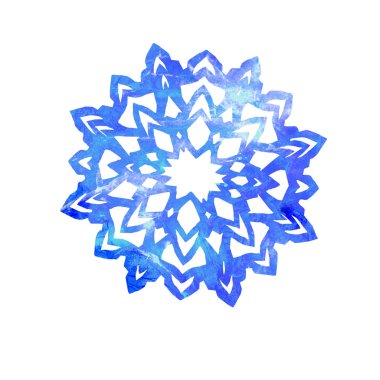 Kar tanesi, mavi renkte kesilmiş şekil renk paleti, elle boyanmış suluboya resim beyaz arkaplanda izole edilmiş.