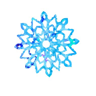 Kar tanesi, mavi renkte kesilmiş şekil renk paleti, elle boyanmış suluboya resim beyaz arkaplanda izole edilmiş.