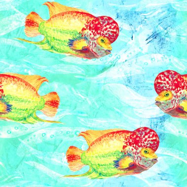 Çiçek boynuzlu cichlid balığı (Elvis türü), elle boyanmış suluboya resimleme, dalgaların arka planında turkuaz okyanus yüzeyinde kusursuz desen