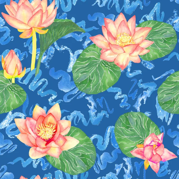 Lotus Ροζ Λουλούδια Και Φύλλα Και Σγουρά Κύματα Νερού Χωρίς — Φωτογραφία Αρχείου