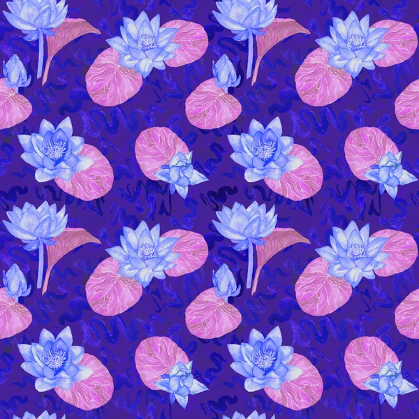 Lotus blue flowers and purple leaves and curly water waves, seamless  pattern design, hand painted watercolor on dark blue background, top view