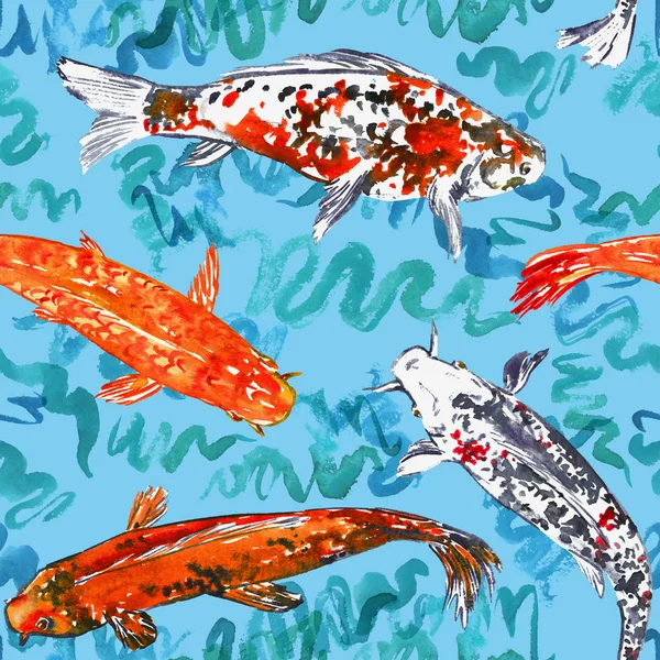 科伊鲤鱼在池塘里游泳 手绘水彩画 无缝图案设计 — 图库照片