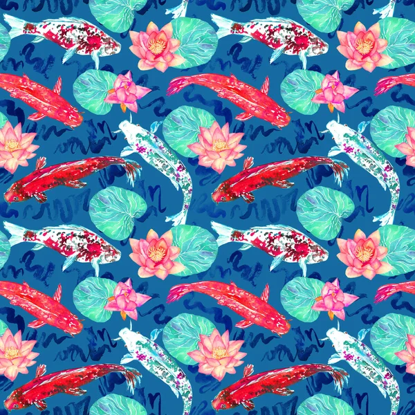 Koi Carp Collection Swimming Pond Blue Waves Pink Lotus Flowers — Stockfoto