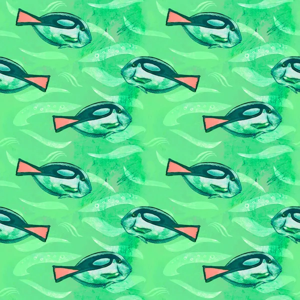 パラカントゥルス肝 リーガル カバまたはロイヤルブルータング パレットまたはフラグテールサージョンフィッシュ パシフィックリーガルブルータング 手描き水彩柄デザイン ターコイズグリーンの海の波の背景 — ストック写真