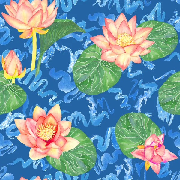 Lotus Pink Flowers Leaves Curly Water Waves Seamless Pattern Design — Stock Photo, Image