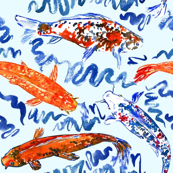 Koi Carp Collection Swimming Pond Blue Waves Hand Painted Watercolor Stock Fotografie