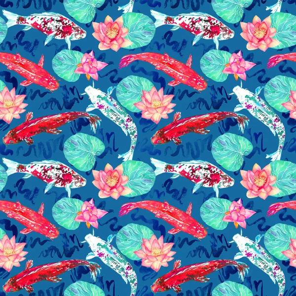 Koi Carp Collection Swimming Pond Blue Waves Pink Lotus Flowers Stock Obrázky