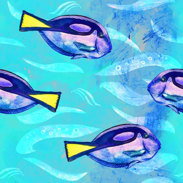 パラカントゥルス肝 リーガル カバまたはロイヤルブルータング パレットまたはフラグテールサージョンフィッシュ パシフィックリーガルブルータング 手描き水彩柄デザイン ターコイズブルーの海の波の背景 — ストック写真