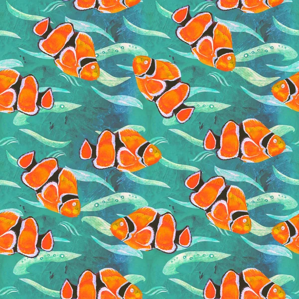 Clownfisk Anemonefish Ocellaris Clownfish Amphiprion Ocellaris Handmålad Akvarell Illustration Sömlöst — Stockfoto