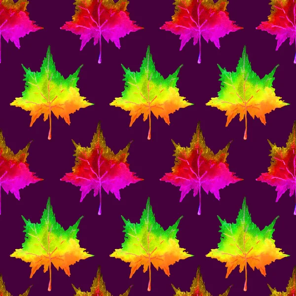 Colorful Maple Leaves Hand Painted Watercolor Illustration Seamless Pattern Dark — Photo