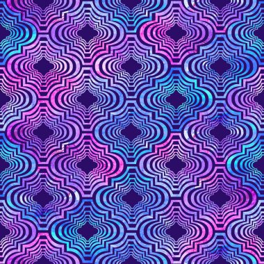 Parlak kıvırcık Doğu geometrik şekil soyut grunge renkli doku, mavi-mor renk paletini koyu arka plan üzerinde sulu boya Dikişsiz desen tasarımında sıçramalarına