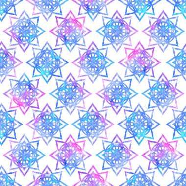 Parlak mandala çiçek geometrik şekil soyut grunge renkli doku, sulu boya Dikişsiz desen tasarım beyaz zemin üzerine mavi, pembe renk paletindeki sıçramalarına