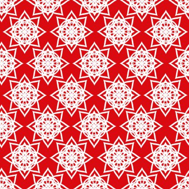 Mandala çiçek geometrik şekil soyut Dikişsiz desen tasarım kırmızı zemin üzerine beyaz