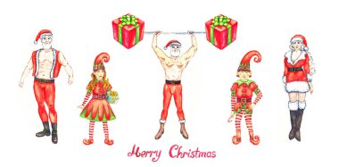 Bayan ve Bay Noel Baba, Genç ve güzel, barbell ile hediye kutuları, holding uzun ellerini, şapka ve şeker kamışı ile parlak kostüm Christmas elfler üzerinde beyaz suluboya illüstrasyon izole