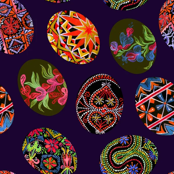 Easter eggs with traditional painting (Eastern European styles of painting, in particular Ukrainian motifs), seamless pattern