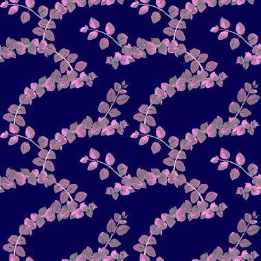 Pembe okaliptüs tetragona dalları yeşil-mavi ile yaprak suluboya resim, Dikişsiz desen tasarım koyu mavi zemin üzerine el boyalı set