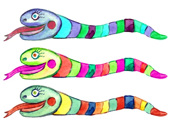 刷蛇彩虹色 孤立的集手绘水彩画 — 图库照片