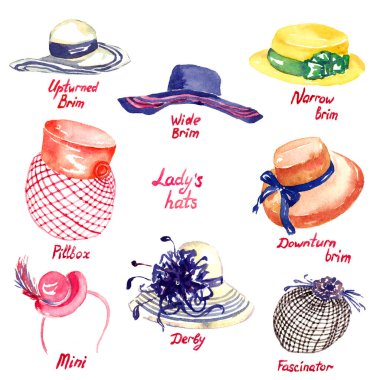 Bayanların şapka tipleri: Ters çevrilmiş Brim, Geniş Brim, Dar Brim, Aşağı eğimli Brim, Pillbox, Mini, Derby, Fascinator, elle boyanmış suluboya resimleme