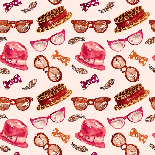 Padrão Acessórios Para Senhoras Chapéus Óculos Gravata Borboleta Penas — Fotografia de Stock
