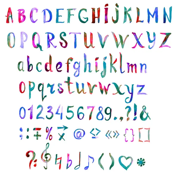 Hand Painted Handwritten Watercolor Font Symbols Numbers Bright Colors Rainbow — Stock Photo, Image