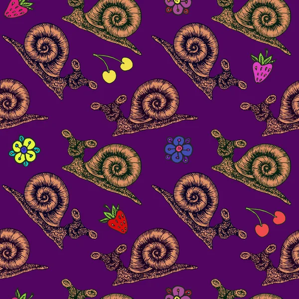 Colorful snail cartoon character with flowers and berries, outline doodle, seamless pattern design on dark purple background