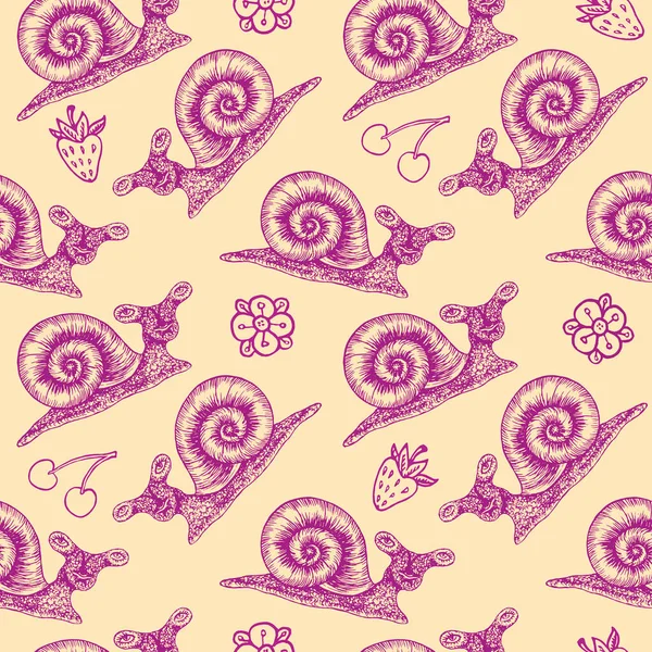 Purple-pink snail cartoon character with flowers and berries, outline doodle, seamless pattern design on soft yellow background