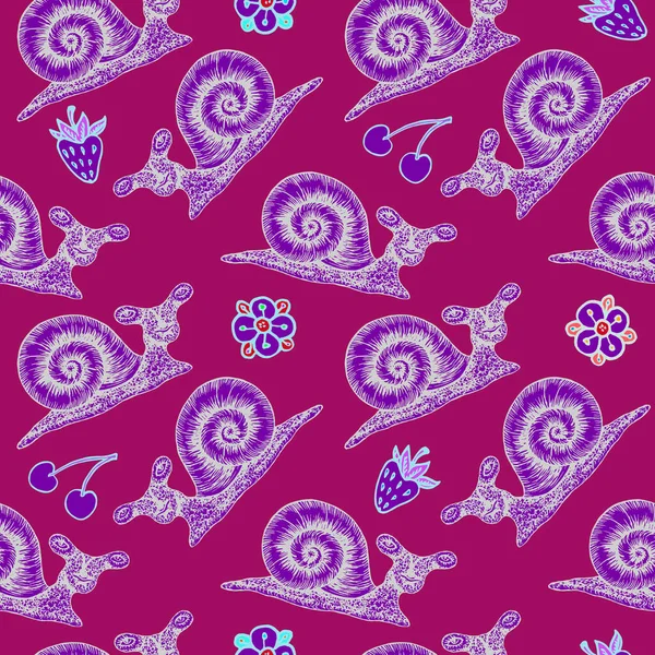 Escargots Violets Personnage Dessin Animé Avec Des Fleurs Des Baies — Photo