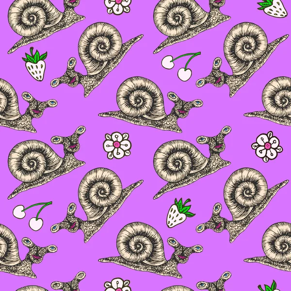 White snails cartoon character with flowers and berries, outline doodle, seamless pattern design on purple background